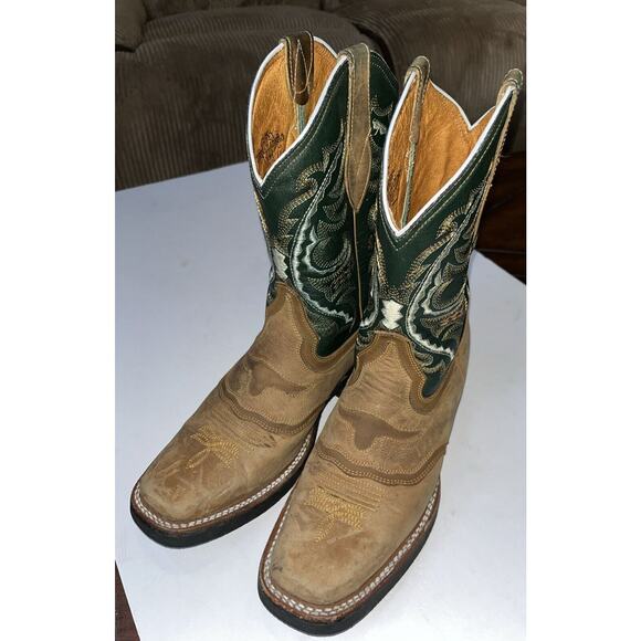 Derramadero Embroidered Western Boots Green/ Brown Leather Men 27.5 US 9.5 - Picture 1 of 10